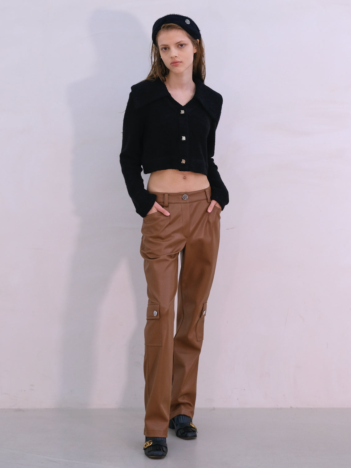 METAL LEATHER CARGO PANTS_BROWN